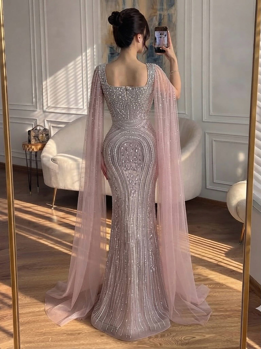 Luxury Turquoise Beaded Mermaid Gown with Cape Sleeves LA73819