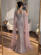 Luxury Turquoise Beaded Mermaid Gown with Cape Sleeves LA73819