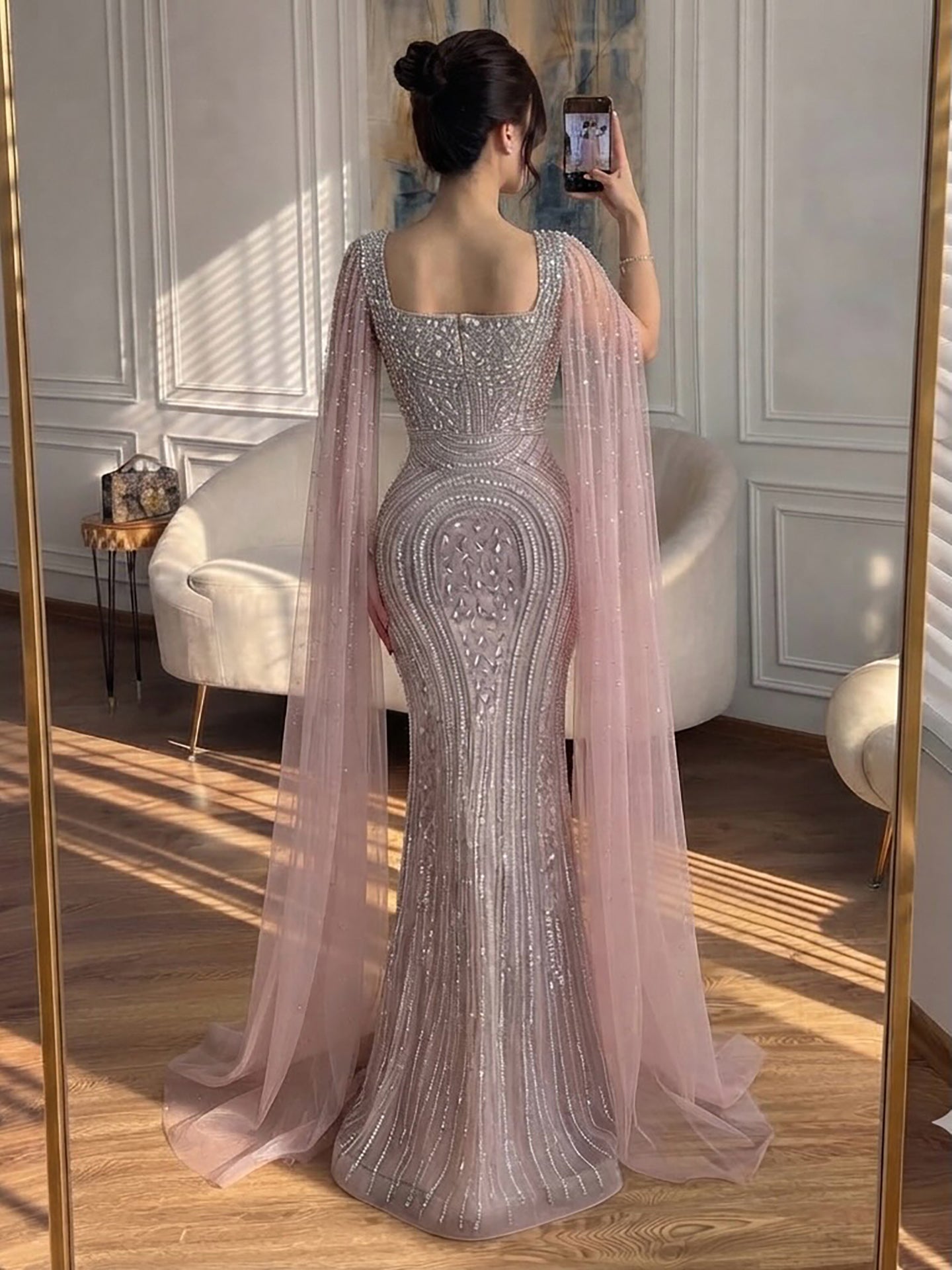 Luxury Turquoise Beaded Mermaid Gown with Cape Sleeves LA73819