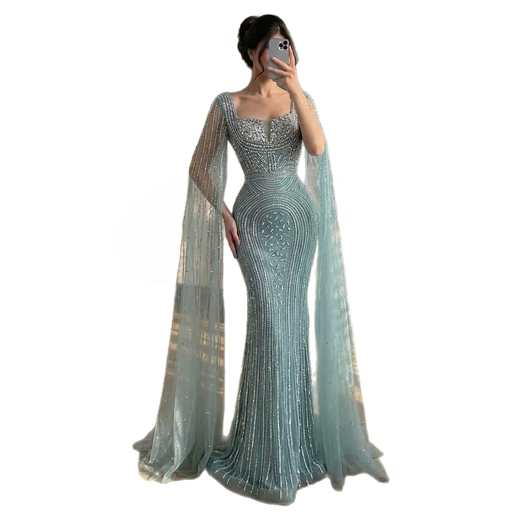 Luxury Turquoise Beaded Mermaid Gown with Cape Sleeves LA73819