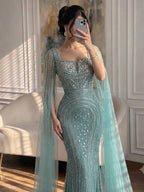 Luxury Turquoise Beaded Mermaid Gown with Cape Sleeves LA73819