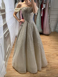 Luxury Caramel Off The Shoulder Beaded A Line Evening Dress LA73820