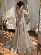 Luxury Caramel Off The Shoulder Beaded A Line Evening Dress LA73820