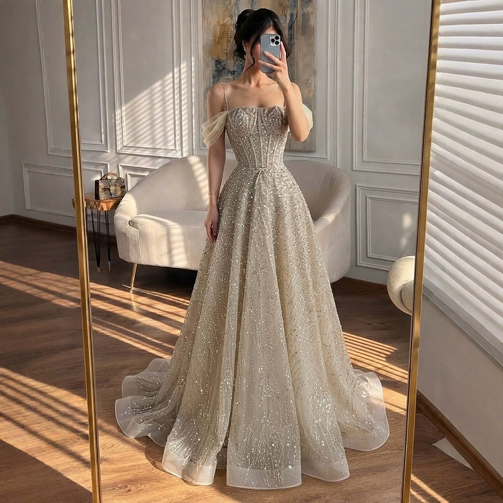 Luxury Caramel Off The Shoulder Beaded A Line Evening Dress LA73820