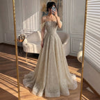 Luxury Caramel Off The Shoulder Beaded A Line Evening Dress LA73820