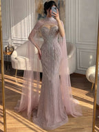 Luxury Pink Crystal Beaded Mermaid Evening Dress with Cape LA73822