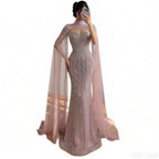Luxury Pink Crystal Beaded Mermaid Evening Dress with Cape LA73822