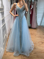 Luxury Light Blue Crystal Beaded V Neck A Line Evening Dress LA73824