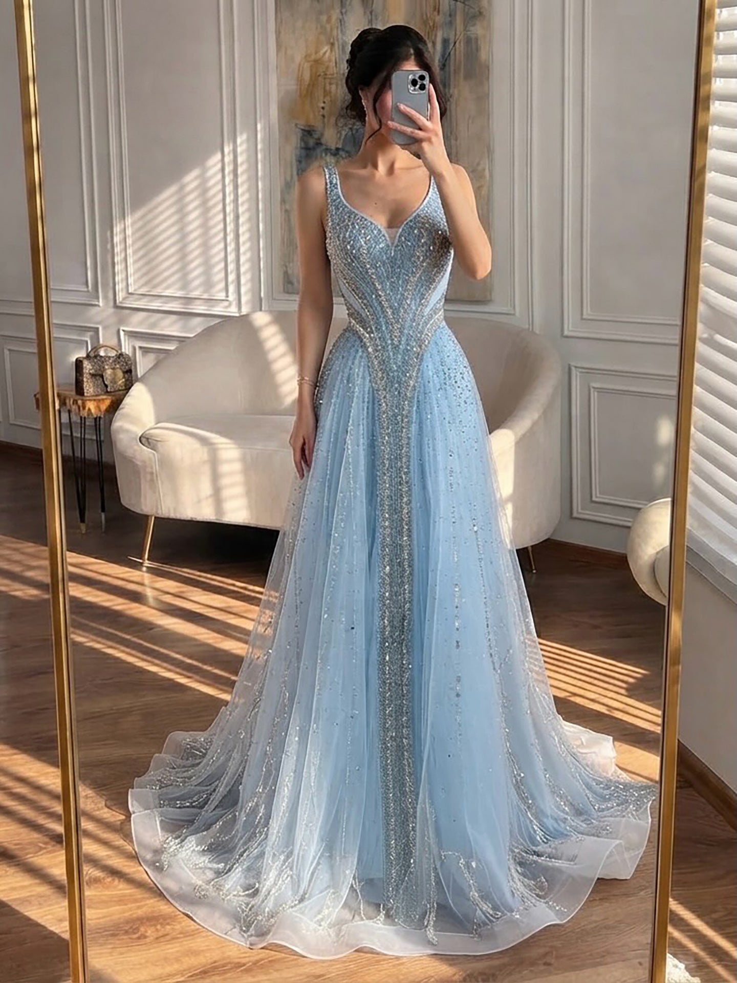 Luxury Light Blue Crystal Beaded V Neck A Line Evening Dress LA73824