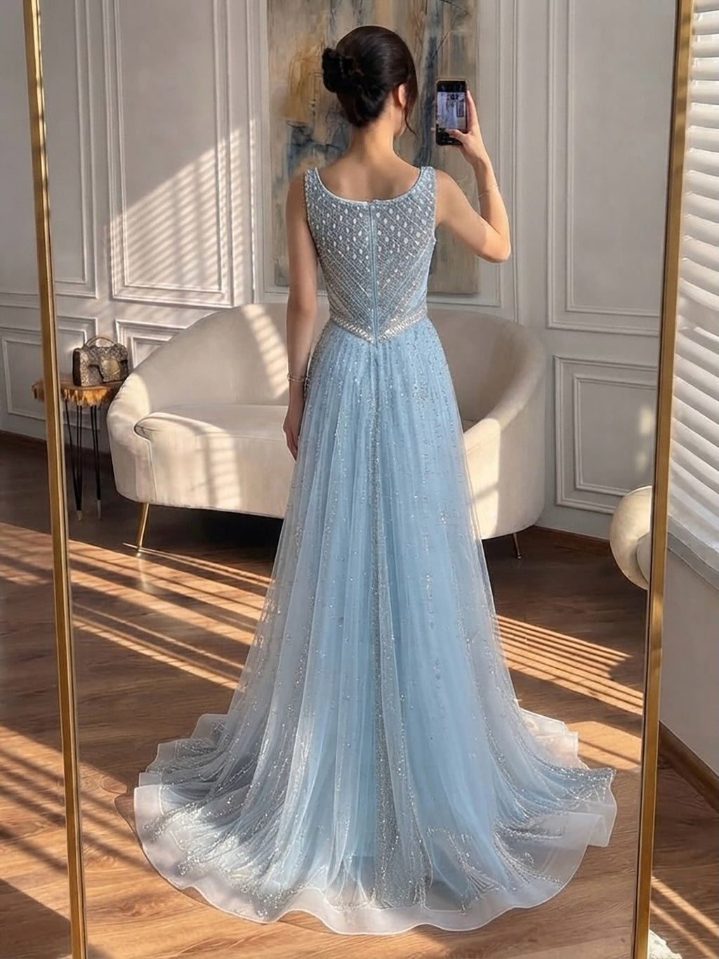 Luxury Light Blue Crystal Beaded V Neck A Line Evening Dress LA73824