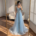 Luxury Light Blue Crystal Beaded V Neck A Line Evening Dress LA73824