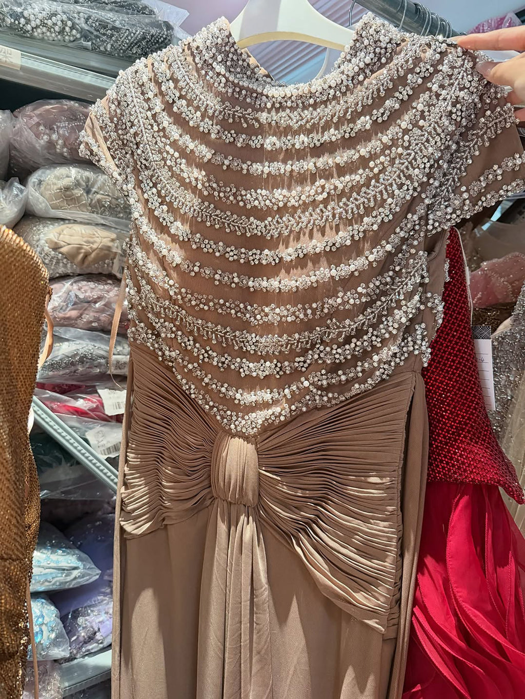Luxury Caramel High-Neck Beaded Ruched Mermaid Evening Dress LA73825