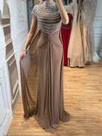 Luxury Caramel High-Neck Beaded Ruched Mermaid Evening Dress LA73825