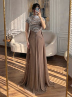 Luxury Caramel High-Neck Beaded Ruched Mermaid Evening Dress LA73825