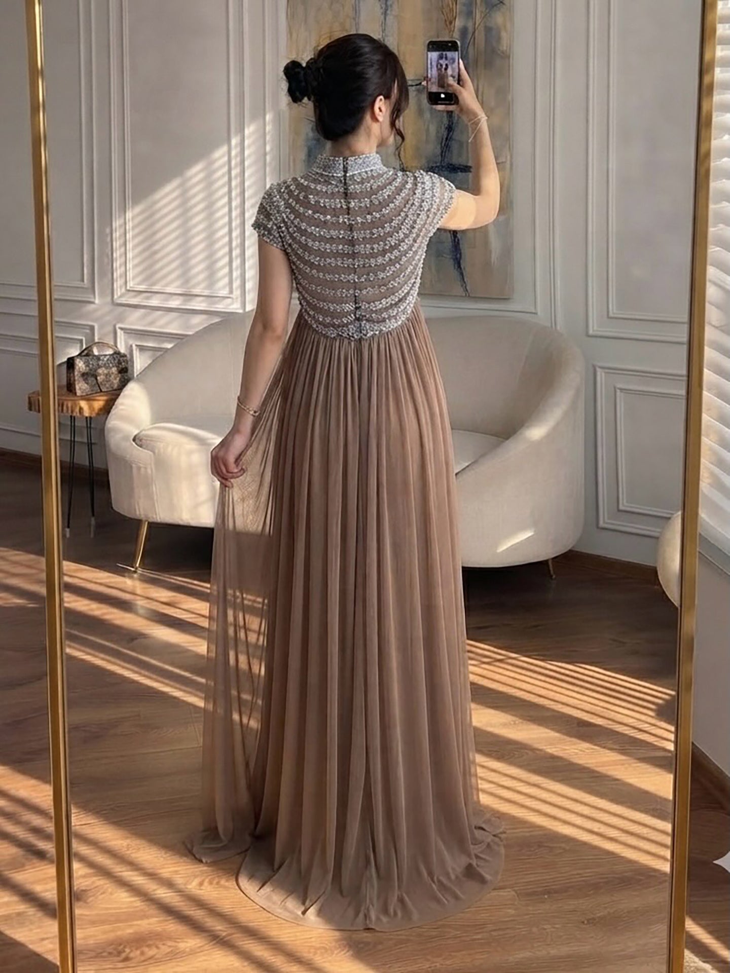 Luxury Caramel High-Neck Beaded Ruched Mermaid Evening Dress LA73825