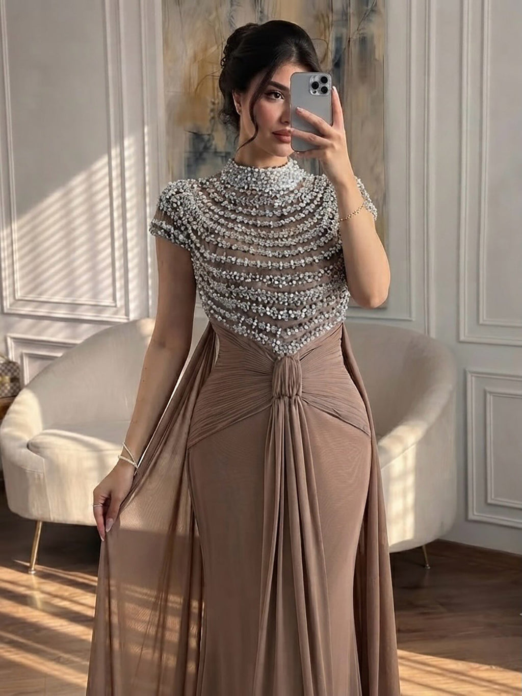 Luxury Caramel High-Neck Beaded Ruched Mermaid Evening Dress LA73825