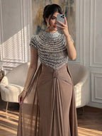 Luxury Caramel High-Neck Beaded Ruched Mermaid Evening Dress LA73825