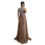 Luxury Caramel High-Neck Beaded Ruched Mermaid Evening Dress LA73825