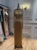 Kosovo Ultimate Luxury Gold Beaded Tassels Modest High Neck Long Sleeves Mermaid Evening Dress CLA73834