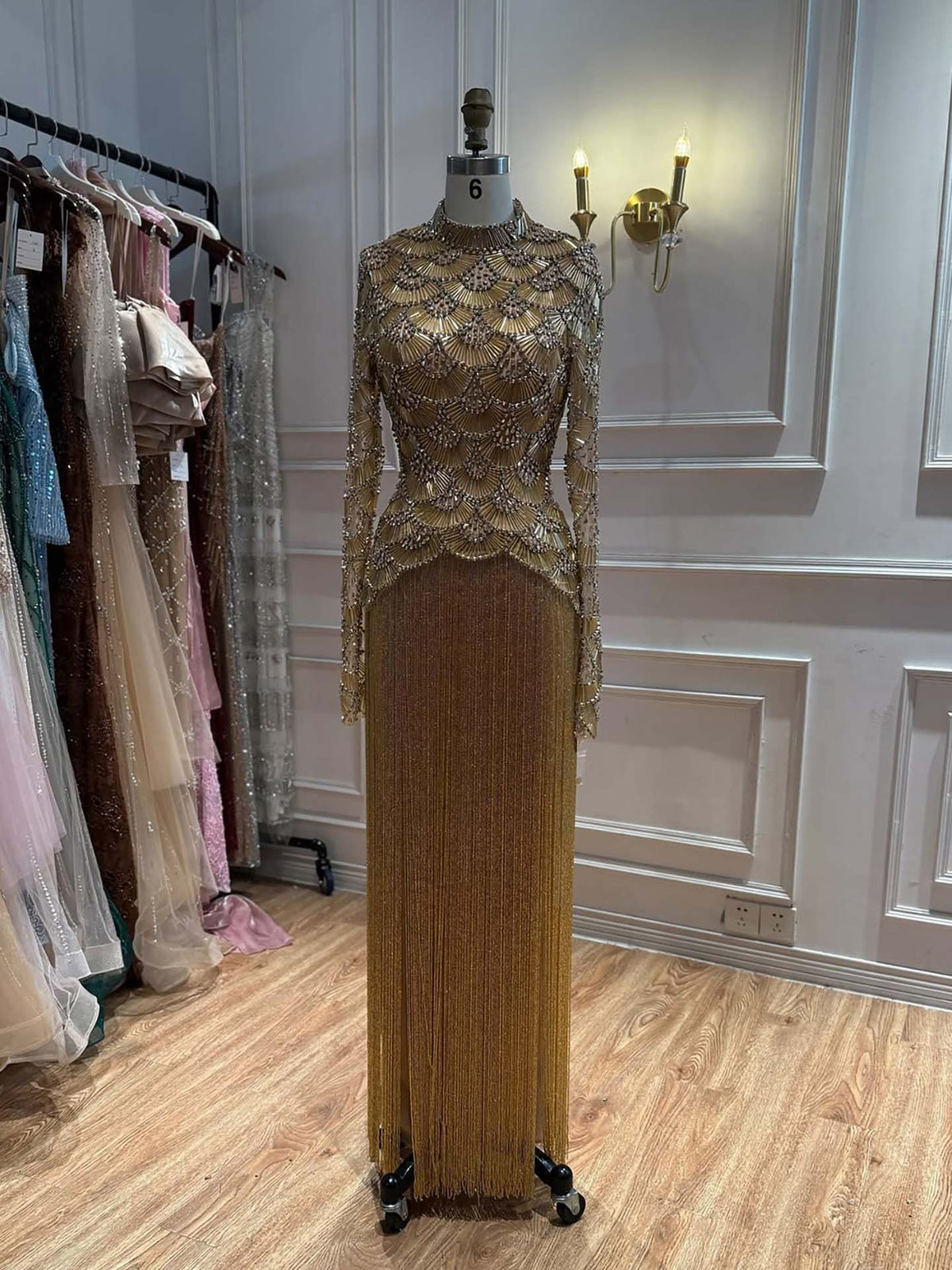 Kosovo Ultimate Luxury Gold Beaded Tassels Modest High Neck Long Sleeves Mermaid Evening Dress CLA73834