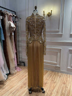 Kosovo Ultimate Luxury Gold Beaded Tassels Modest High Neck Long Sleeves Mermaid Evening Dress CLA73834