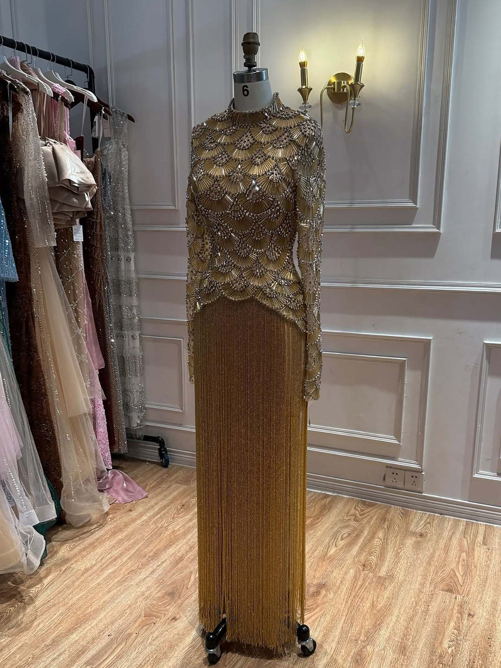 Kosovo Ultimate Luxury Gold Beaded Tassels Modest High Neck Long Sleeves Mermaid Evening Dress CLA73834