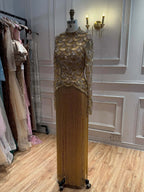 Kosovo Ultimate Luxury Gold Beaded Tassels Modest High Neck Long Sleeves Mermaid Evening Dress CLA73834