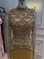 Kosovo Ultimate Luxury Gold Beaded Tassels Modest High Neck Long Sleeves Mermaid Evening Dress CLA73834