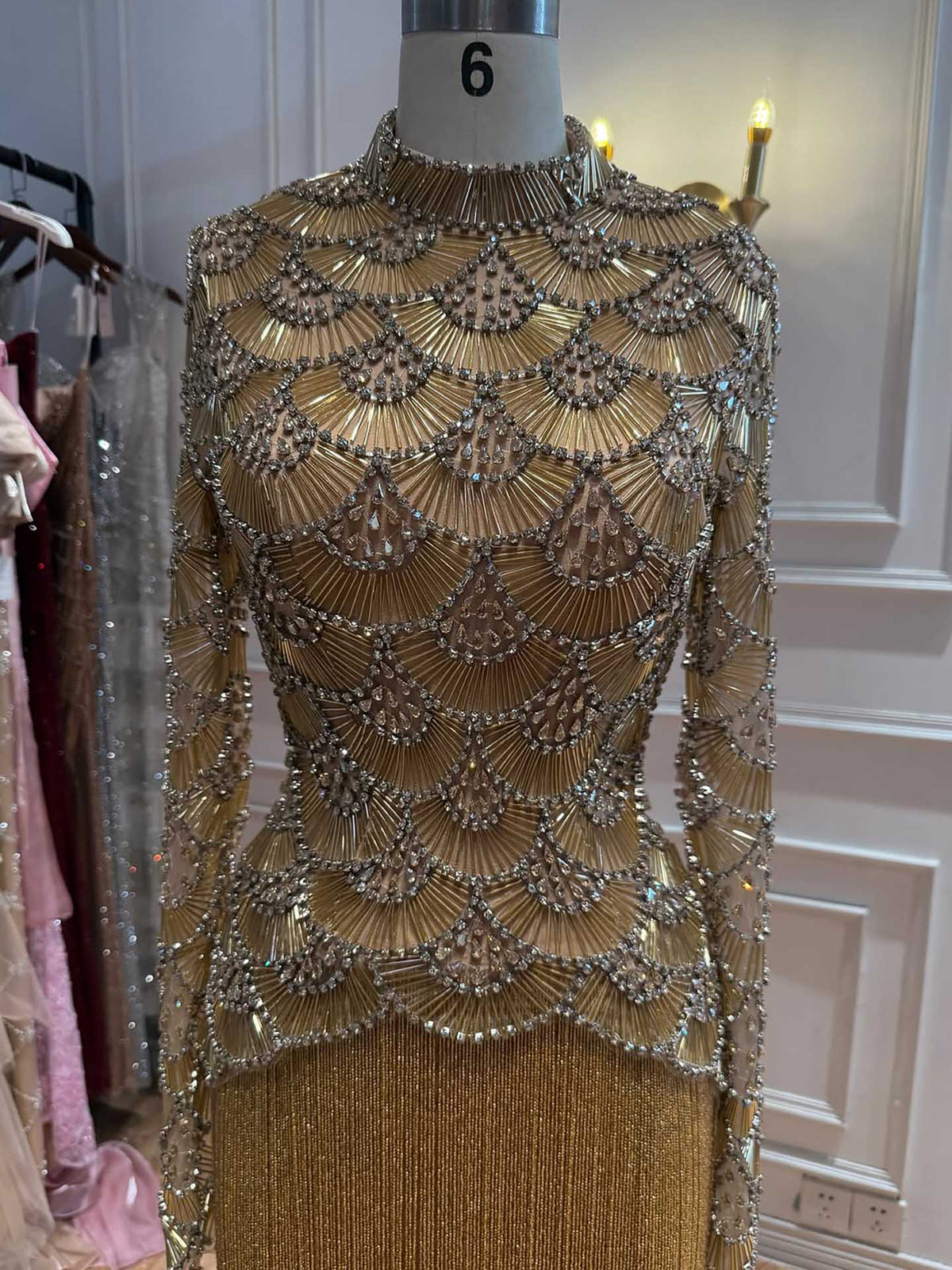 Kosovo Ultimate Luxury Gold Beaded Tassels Modest High Neck Long Sleeves Mermaid Evening Dress CLA73834