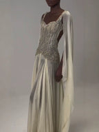 Luxury Butter Yellow Beaded A Line Evening Dress with Cape LA73836