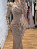Luxury Rose Gold Off Shoulder Pearl Long Sleeve Mermaid Dress LA73837