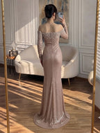 Luxury Rose Gold Off Shoulder Pearl Long Sleeve Mermaid Dress LA73837