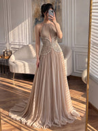 Luxury Nude Halter Beaded Pleated Chiffon A Line Evening Dress LA73838