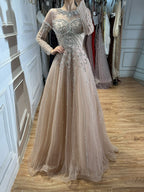 Luxury Nune Illusion Long Sleeve Beaded Baroque A Line Dress LA73840