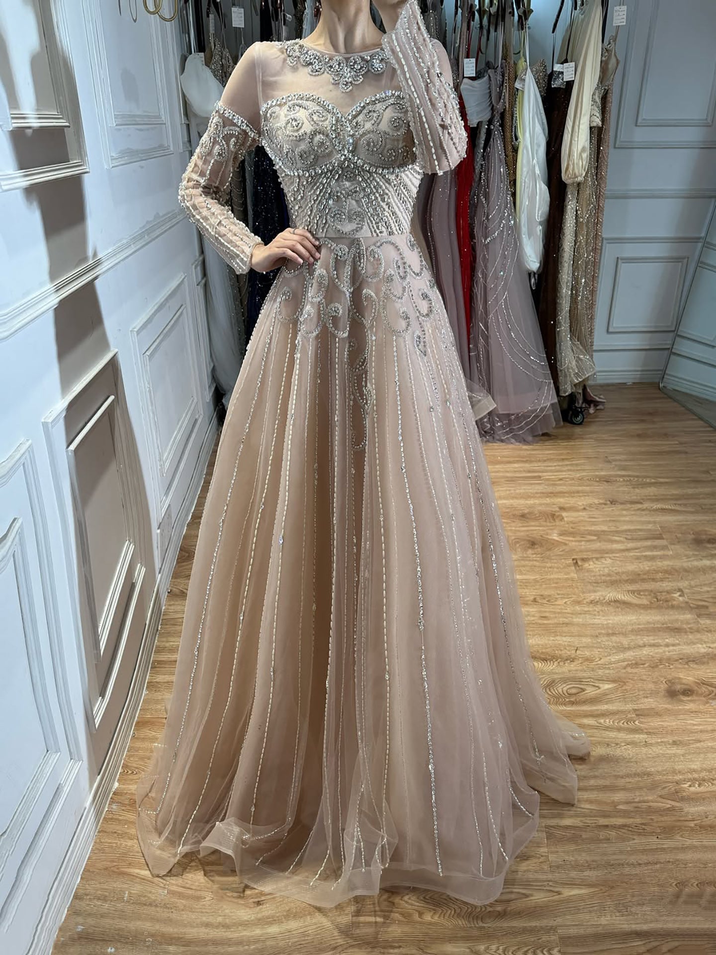 Luxury Nune Illusion Long Sleeve Beaded Baroque A Line Dress LA73840