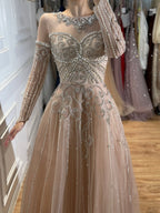 Luxury Nune Illusion Long Sleeve Beaded Baroque A Line Dress LA73840