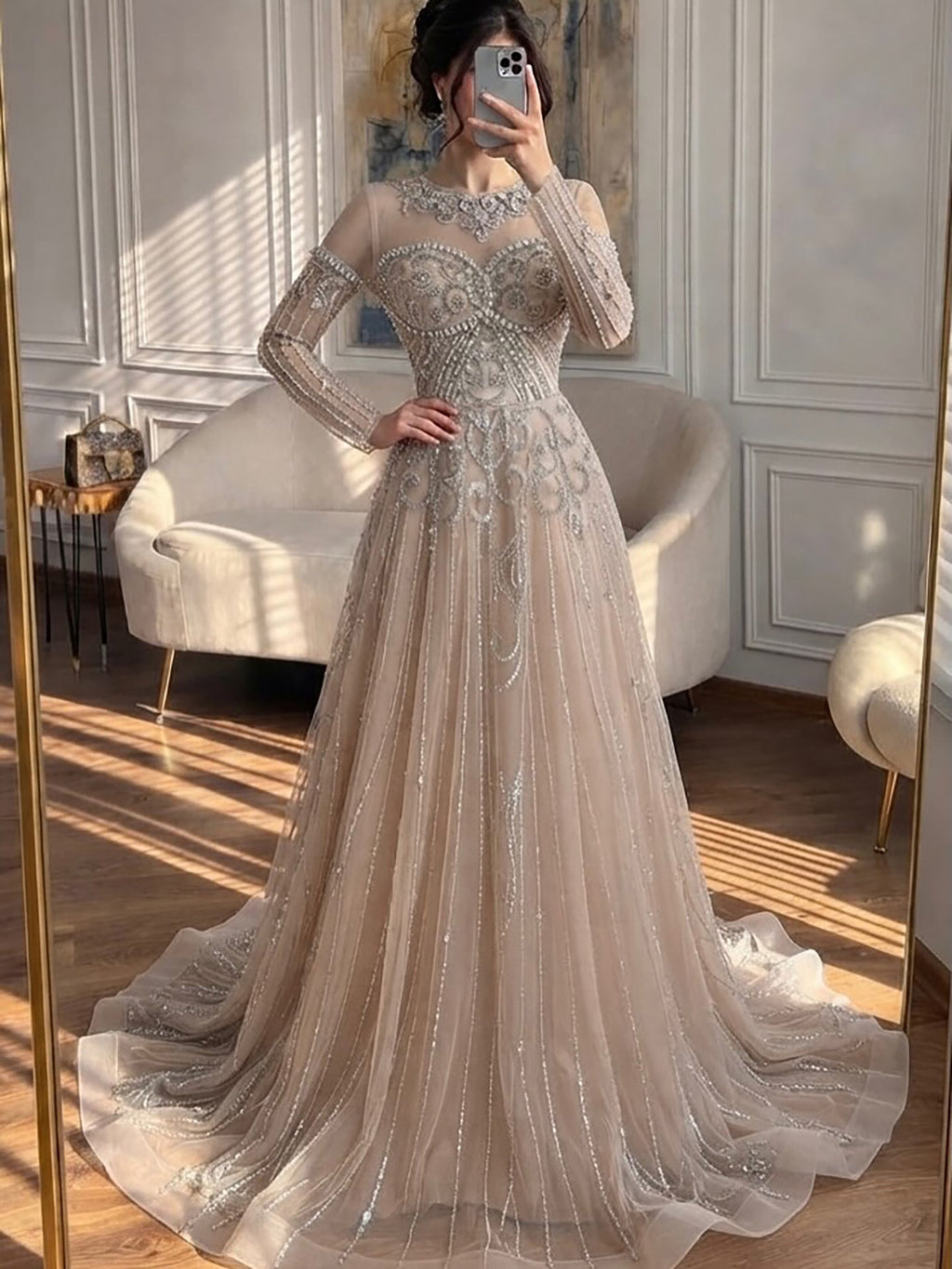 Luxury Nune Illusion Long Sleeve Beaded Baroque A Line Dress LA73840