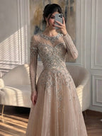 Luxury Nune Illusion Long Sleeve Beaded Baroque A Line Dress LA73840