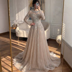 Luxury Nune Illusion Long Sleeve Beaded Baroque A Line Dress LA73840