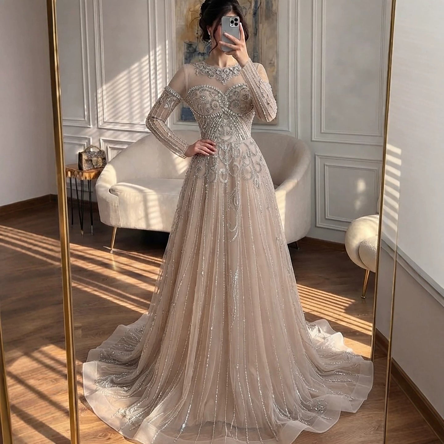 Luxury Nune Illusion Long Sleeve Beaded Baroque A Line Dress LA73840