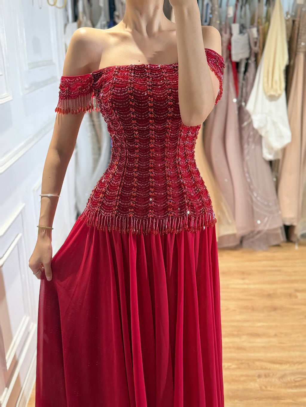 Luxury Pink Off The Shoulder Beaded Tassel Lace Up A Line Dress LA73842