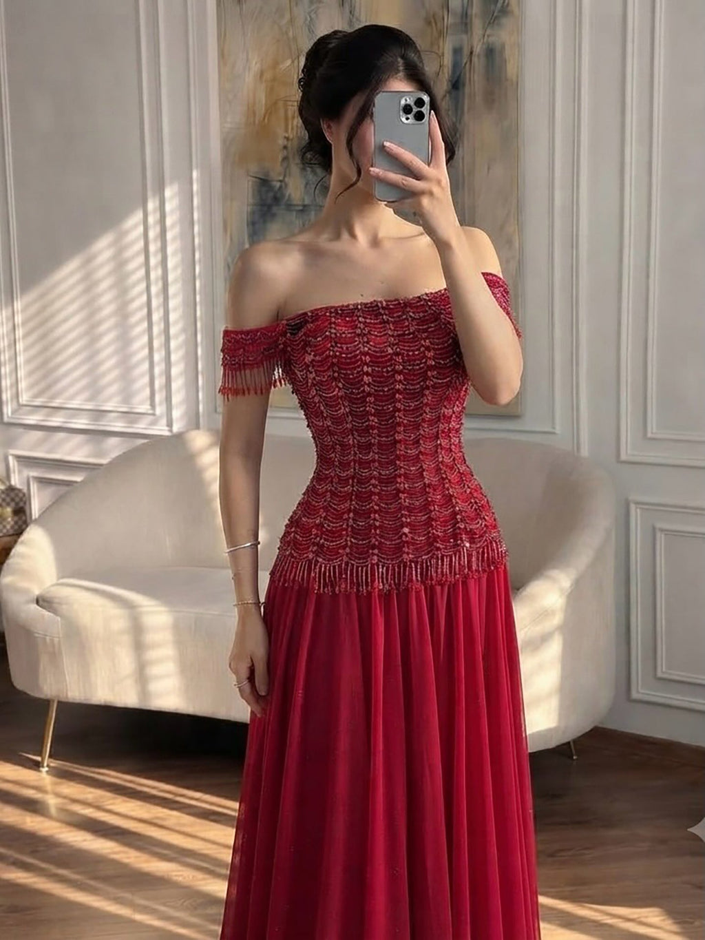 Luxury Pink Off The Shoulder Beaded Tassel Lace Up A Line Dress LA73842