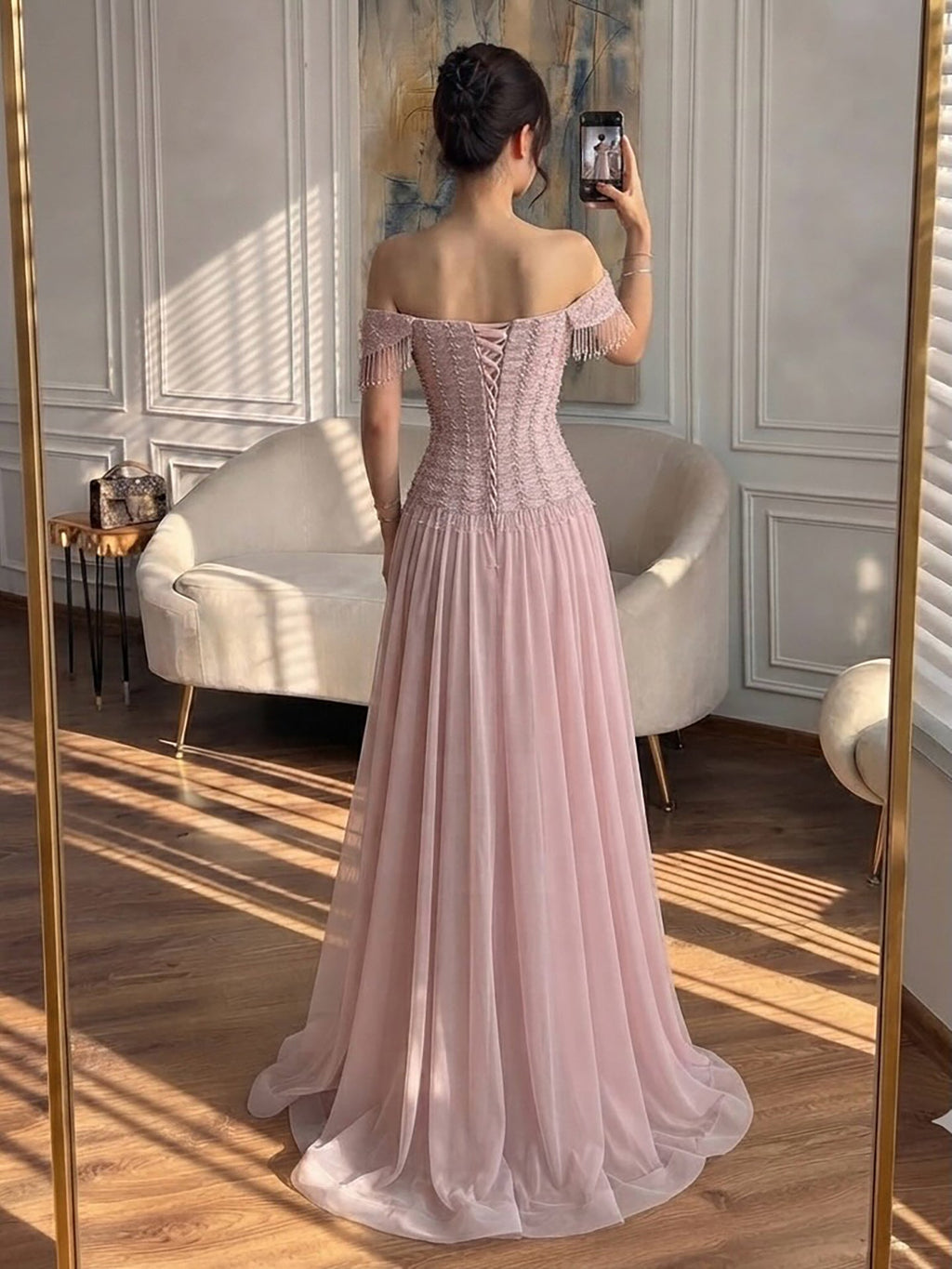 Luxury Pink Off The Shoulder Beaded Tassel Lace Up A Line Dress LA73842