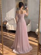 Luxury Pink Off The Shoulder Beaded Tassel Lace Up A Line Dress LA73842