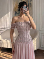 Luxury Pink Off The Shoulder Beaded Tassel Lace Up A Line Dress LA73842