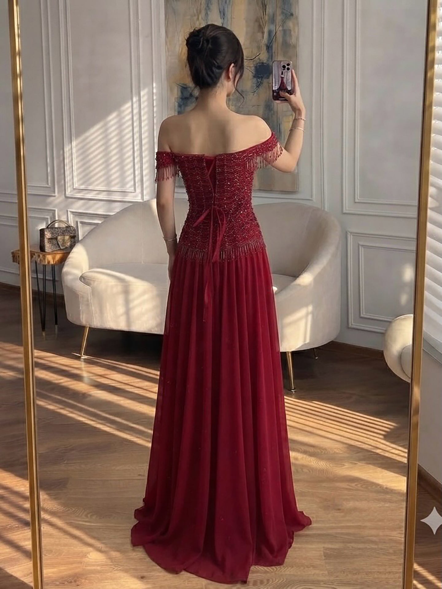 Luxury Pink Off The Shoulder Beaded Tassel Lace Up A Line Dress LA73842