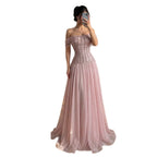 Luxury Pink Off The Shoulder Beaded Tassel Lace Up A Line Dress LA73842