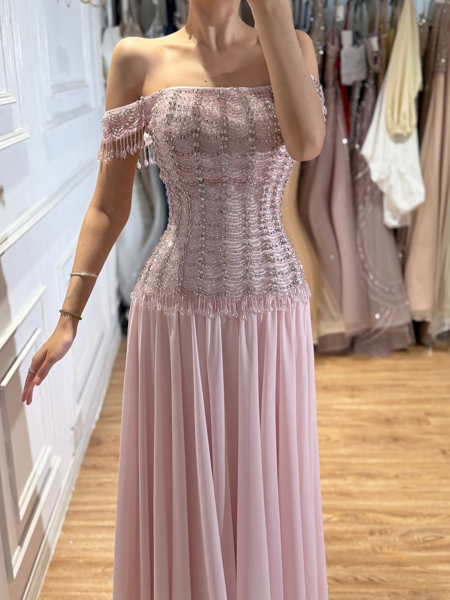 Luxury Pink Off The Shoulder Beaded Tassel Lace Up A Line Dress LA73842
