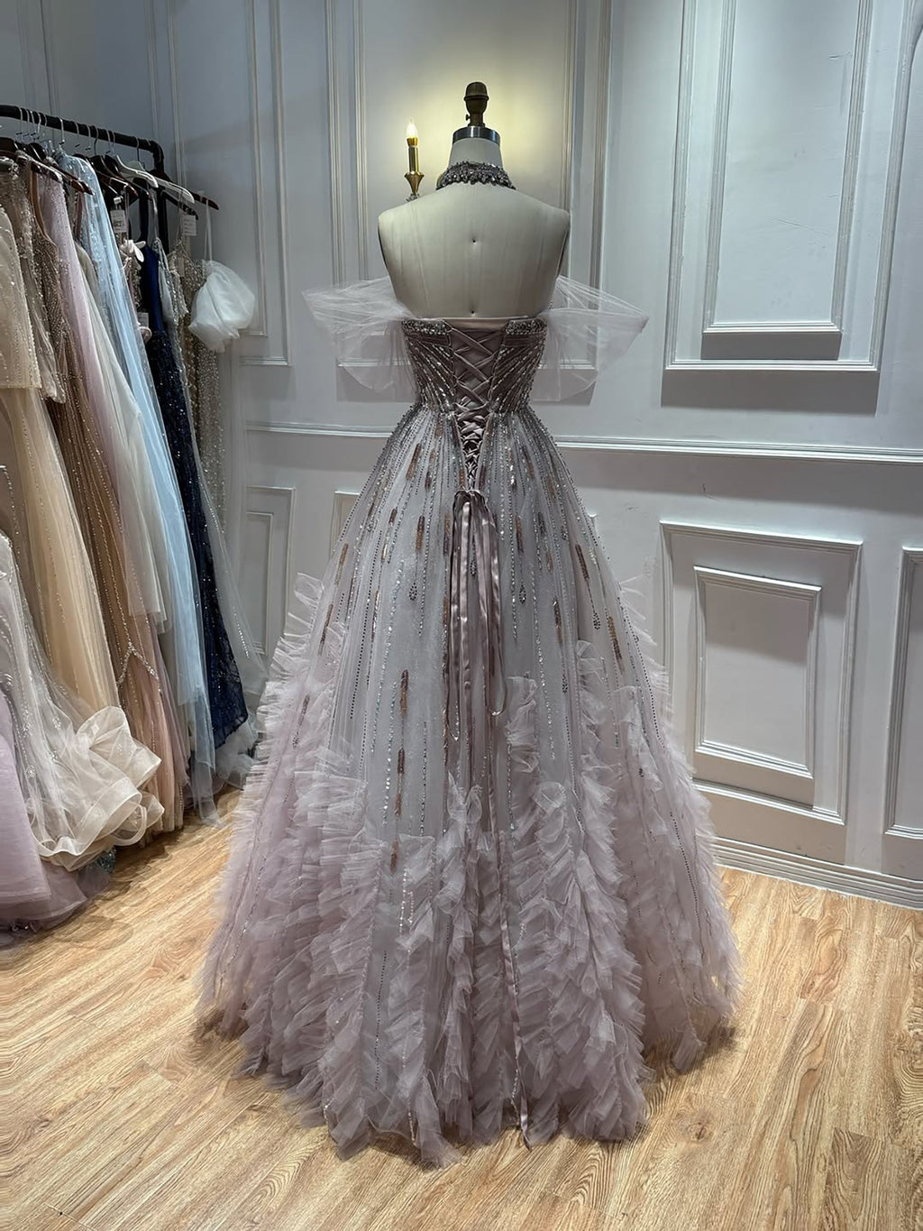 Luxury Light Blue Off The Shoulder Beaded Tiered Ruffle Dress LA73843
