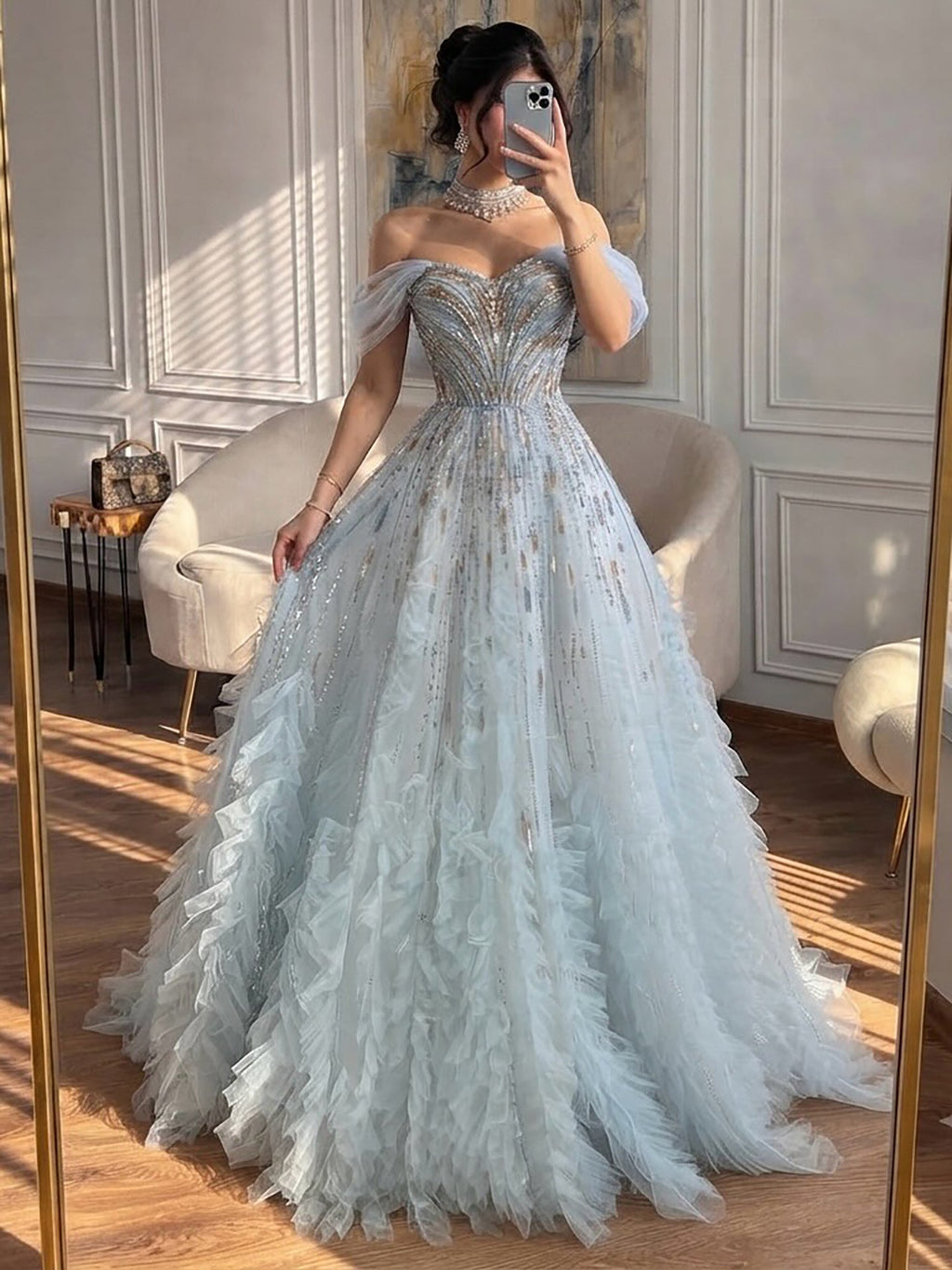 Luxury Light Blue Off The Shoulder Beaded Tiered Ruffle Dress LA73843